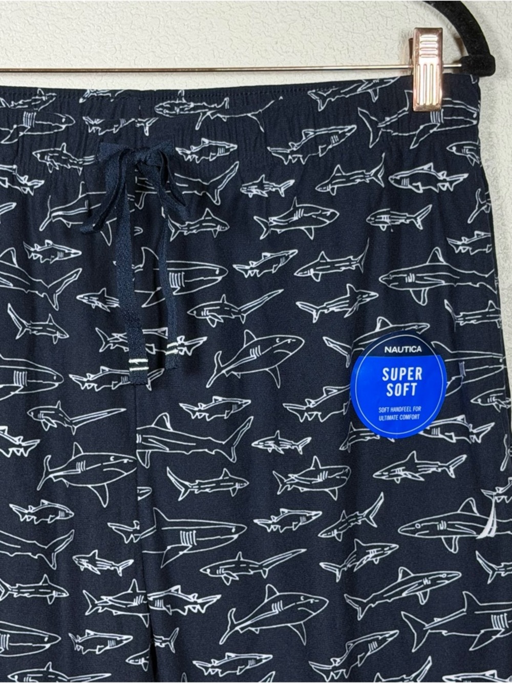 NWT Nautica Men’s Super Soft Micro Fleece Navy Shark Print Lounge Pants Comfy M